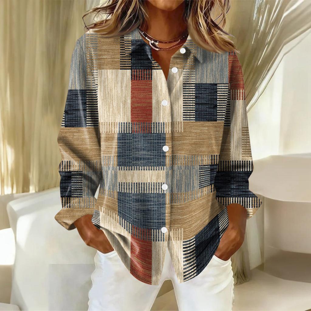 Женская рубашка-блузка с рождественским принтом и пуговицами, длинный рукав, повседневный базовый рубашечный воротник, обычный топ