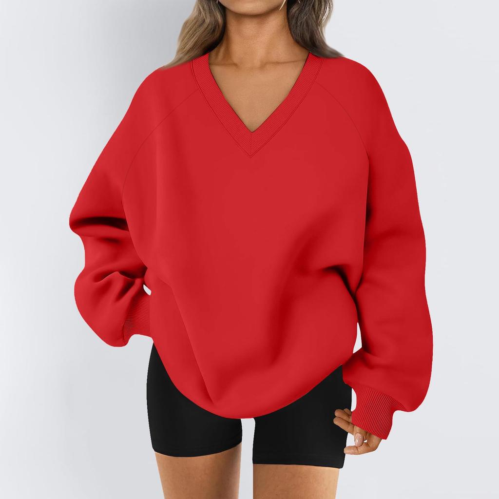 Ladies Long Sleeve Solid Color V-neck Sweatshirt