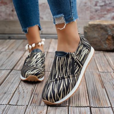 Женские туфли на плоской подошве Осень Новые с круглым носком Цветная комбинация Глубокий вырез Боковая молния Мягкая подошва Нескользящие Туфли с низким верхом