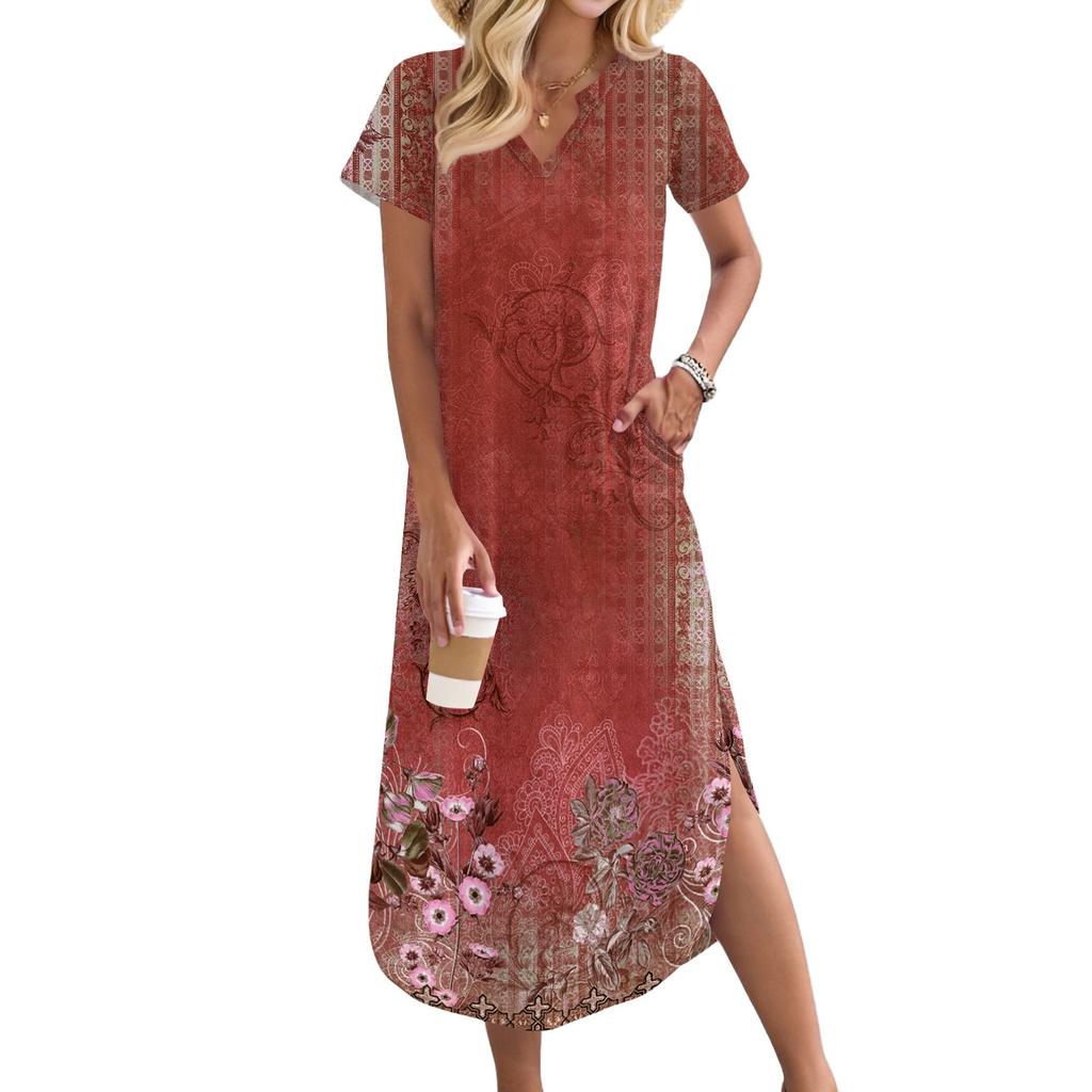 Женское длинное платье-рубашка с V-образным вырезом, повседневное, с коротким рукавом и свободным разрезом