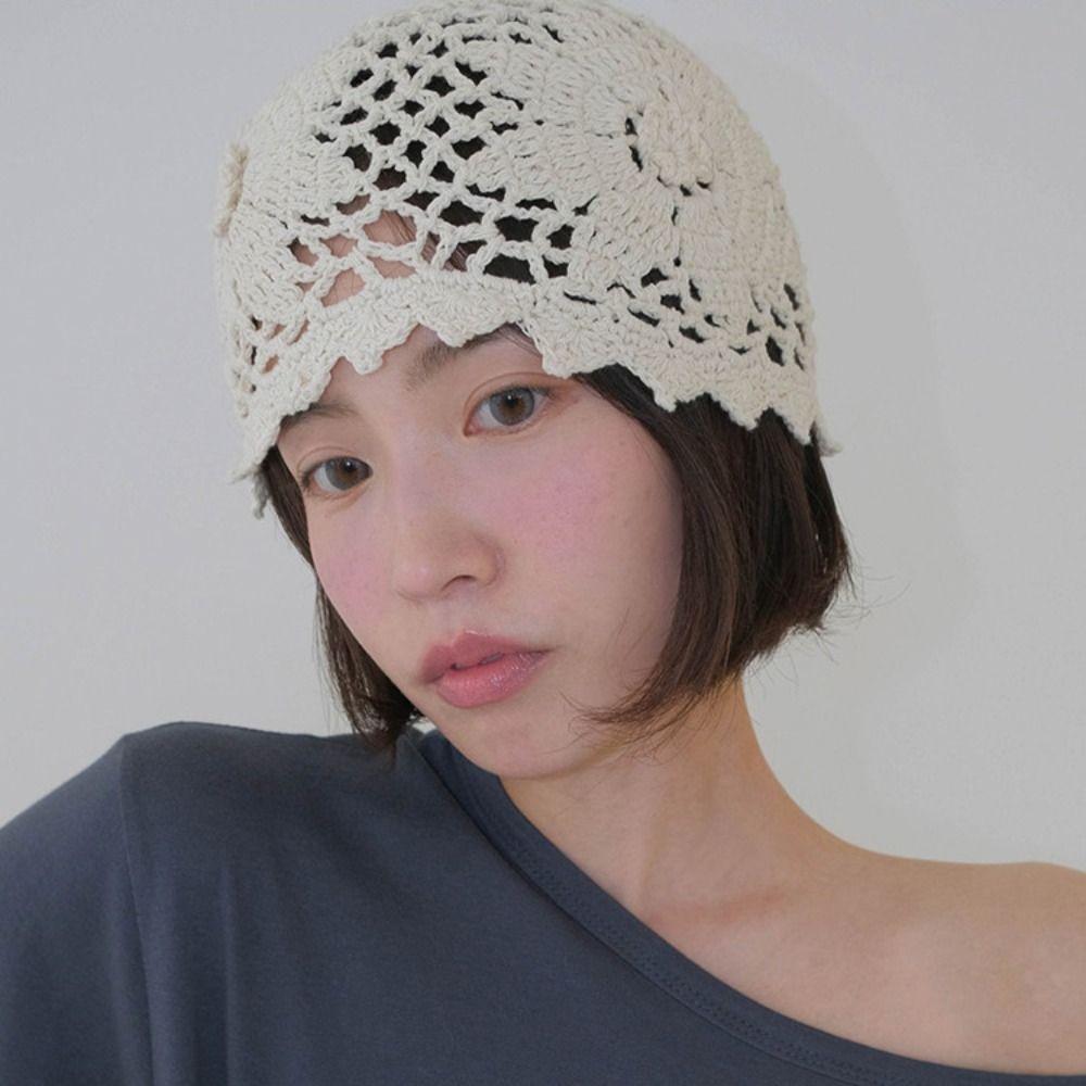 Thin Crochet Flower Hat Bohemian Style Hollow Out Knitted Hat Cute Weave Cap  Spring and Summer