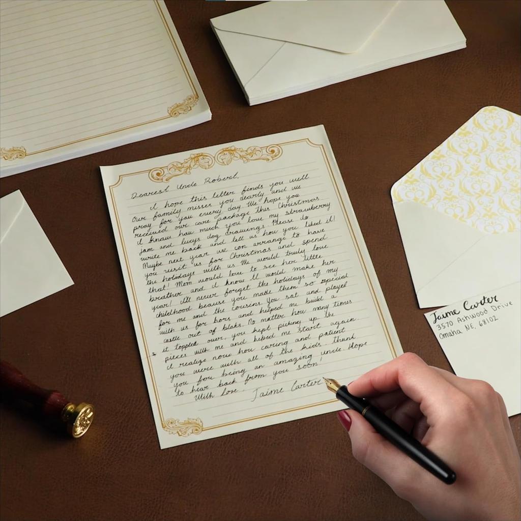 Набор писчей бумаги и конвертов Paper Junkie - 60 листов (7,2 x 10,2 дюйма) и 30 слоновых конвертов (4 x 7,7 дюйма), Золотая рамка, 100 г/м² - Винтажный в линейку