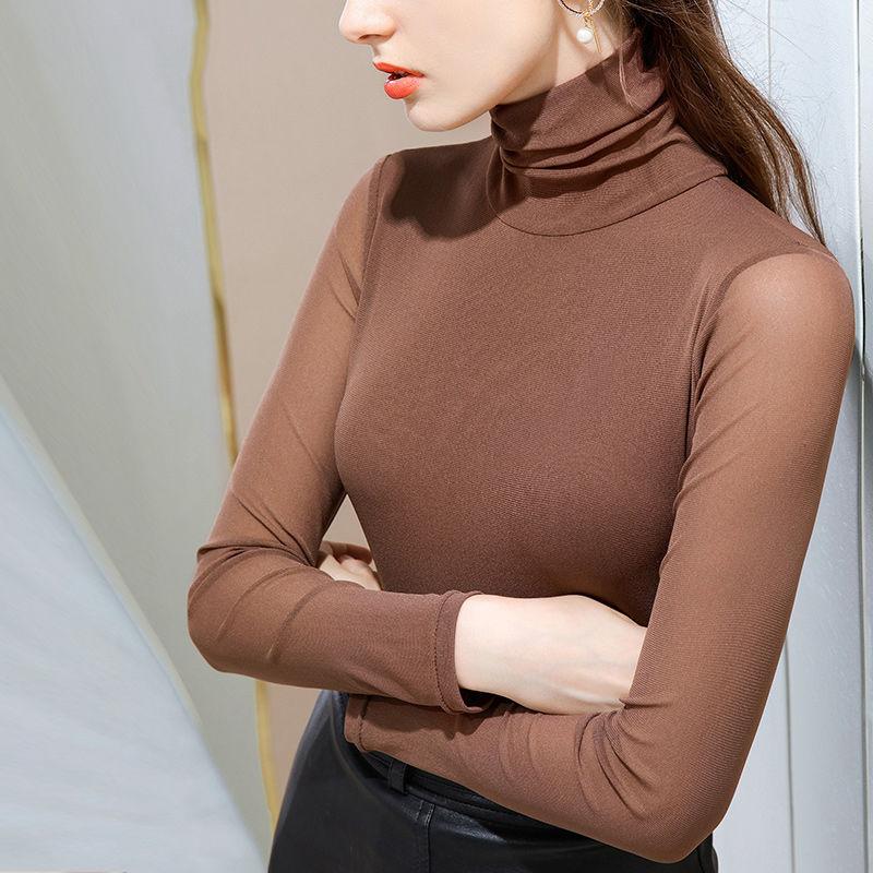 Women's High Neck Velvet Mesh Bottomed Shirt Long Sleeve T-shirt Tight Top