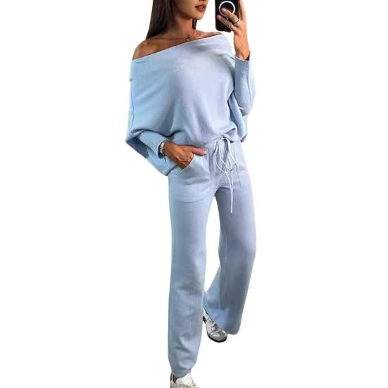 2 шт./комплект женский топ брюки комплект с открытыми плечами длинный рукав летучая мышь толстовка эластичный пояс расклешенные спортивные штаны спортивный наряд осенний повседневный спортивный костюм