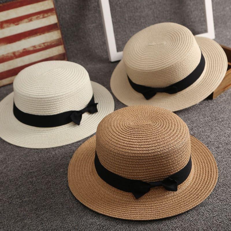 Korean Summer Flat Brim Unisex Top Hat Bowknot Straw Hat Sun Shade Sunscreen Beach Vacation Travel Hat