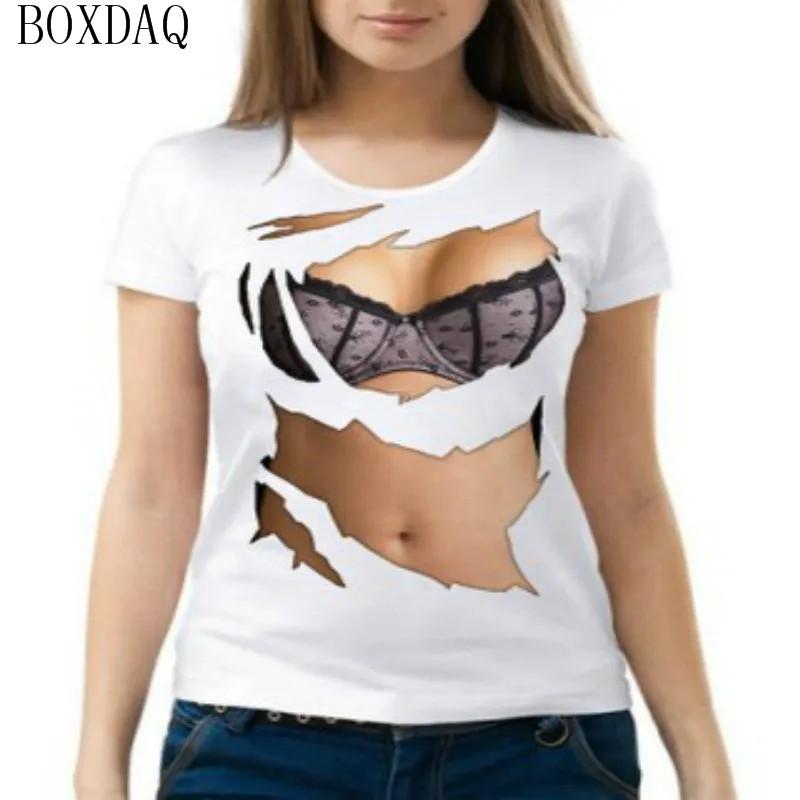 Женские летние крутые футболки, сексуальная перспектива, 3D-сиськи с принтом, женская футболка с короткими рукавами, летние уличные топы с круглым вырезом и узором груди