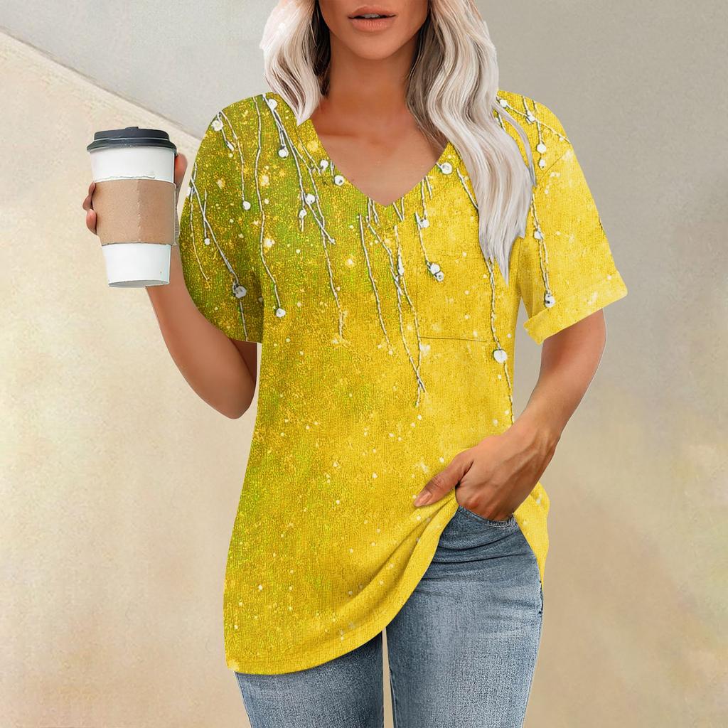 Женская модная футболка с коротким рукавом и V-образным вырезом с карманом и цветочным принтом