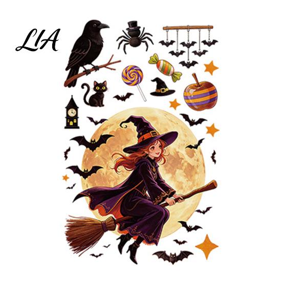 Cute Witch Bat Decals Halloween Static Window Clings, Glass Stickers with Ghost Cat Spooky Theme Party Supplies Patterns, Reusable Holiday for