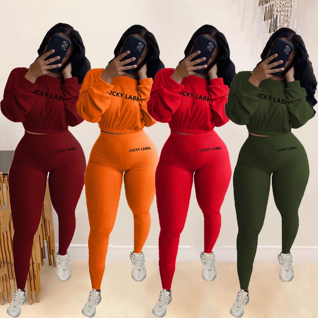 Модные летние однотонные комплекты из двух предметов с вышивкой букв Lucky Label, женский свитер + леггинсы, повседневные спортивные спортивные костюмы женские