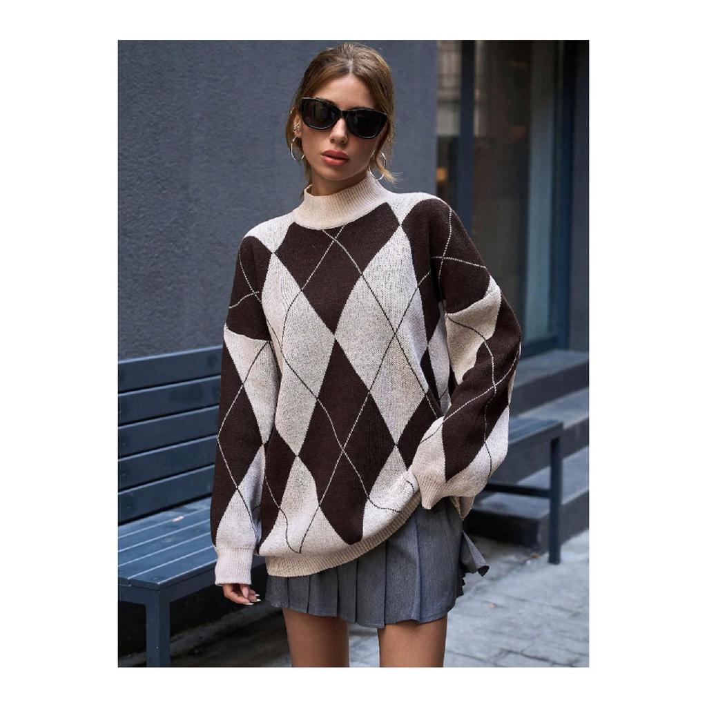 Women's Diamond Patterned Black High Collar Knitwear Sweater