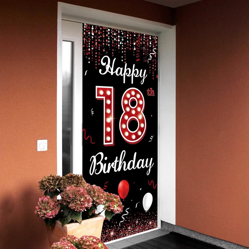 18th Birthday Door Banner Backdrop, Happy 18th Birthday Decorations for Girls Red Black, 18 Years Old Birthday Photo Props, Eighteen Birthday Party