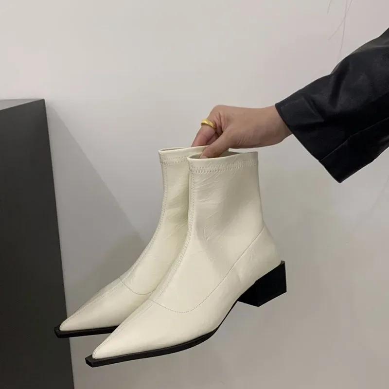 Мода остроносые женские тонкие ботильоны модные квадратные низкие каблуки женские элегантные молнии сзади короткие ботильоны женская обувь