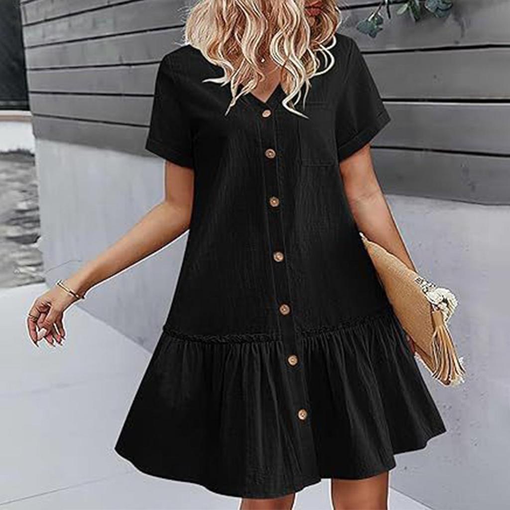 Женское повседневное однотонное свободное платье с v-образным вырезом и пуговицами с короткими рукавами и рюшами по подолу