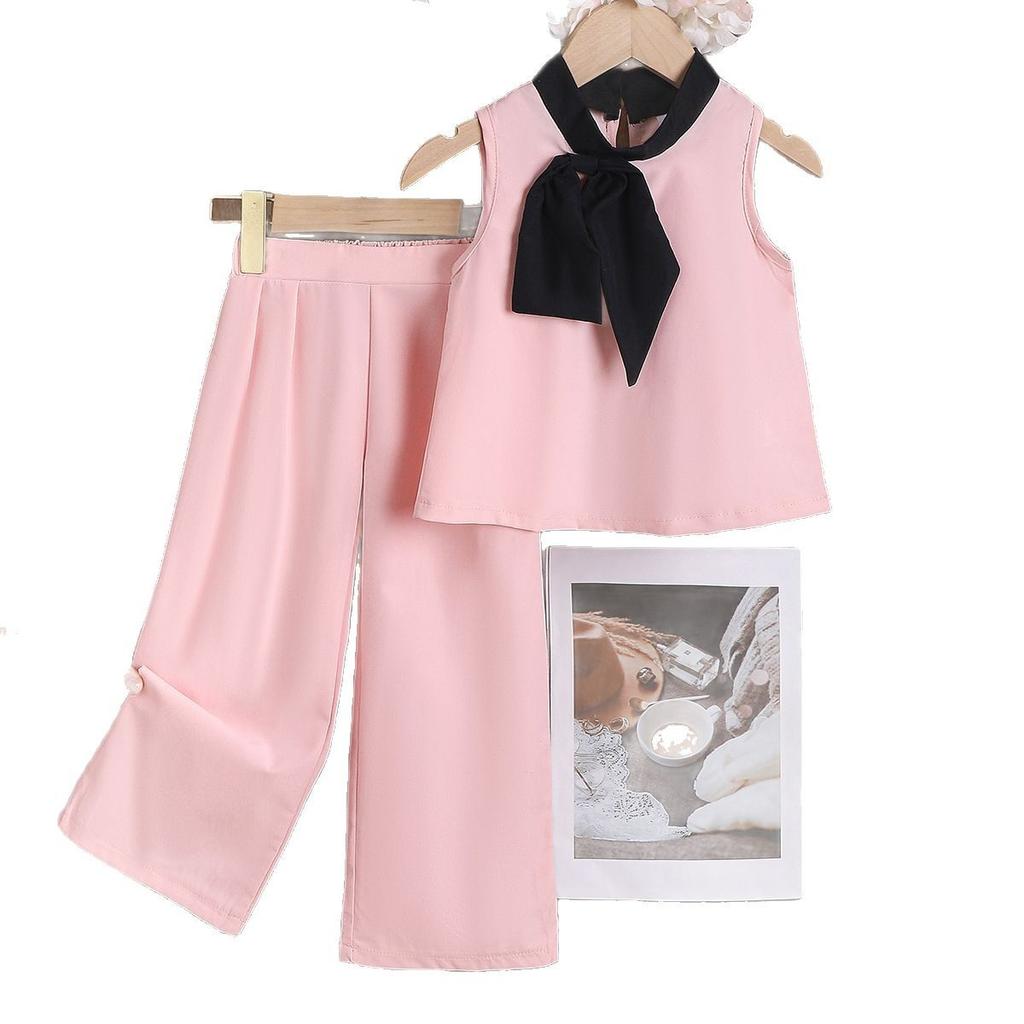 Модный комплект для девочек 2025 года, летний детский повседневный свободный топ без рукавов с круглым вырезом + брюки