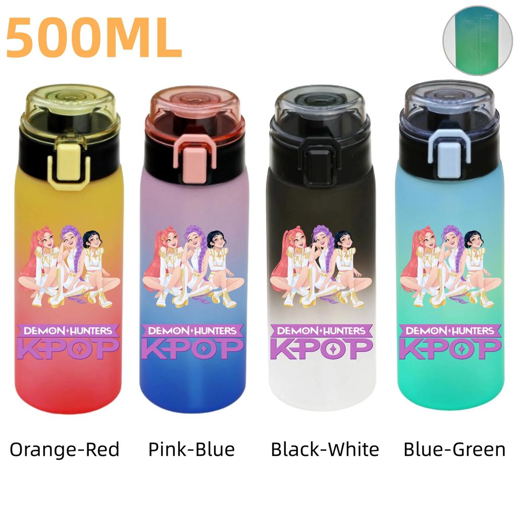 500ML KPop Demon Hunters Plastic Anime Water Cup Has Scale Travel Office Gym Hiking Portable Drink Bottles Outdoor Sport Gifts