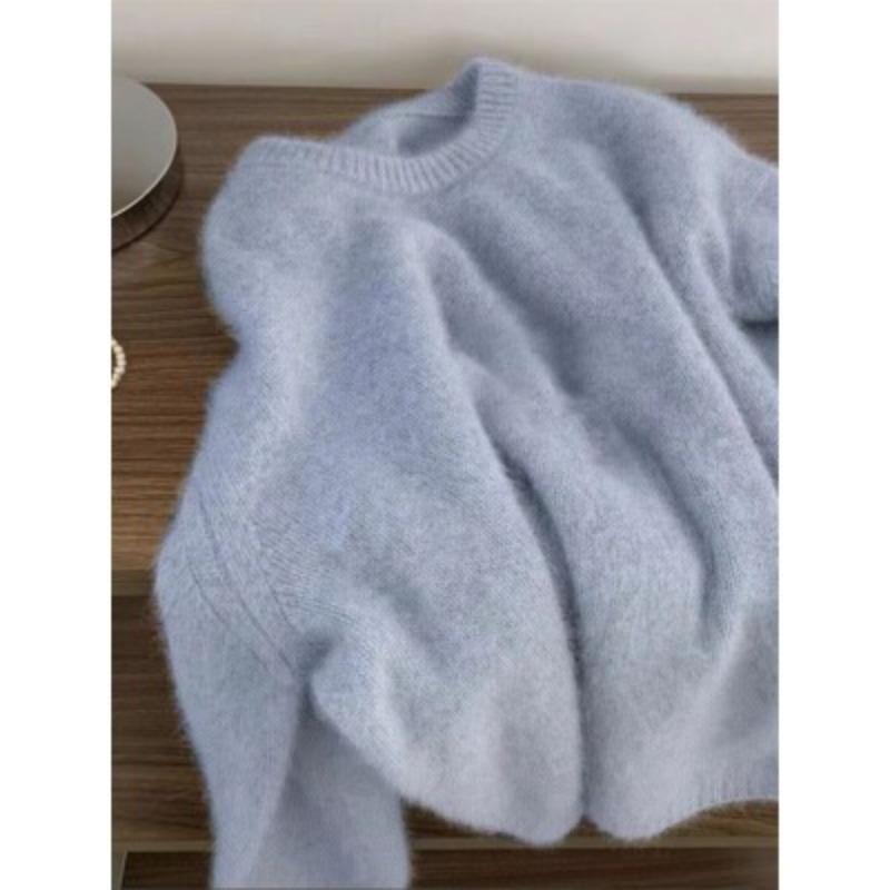 Autumn and winter new round neck green pullover sweater women's raccoon velvet soft waxy lazy knitted top with thicker base