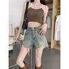 Ripped Denim Shorts Women's Summer Vintage High-waisted Slimming Design Wide-leg Pants