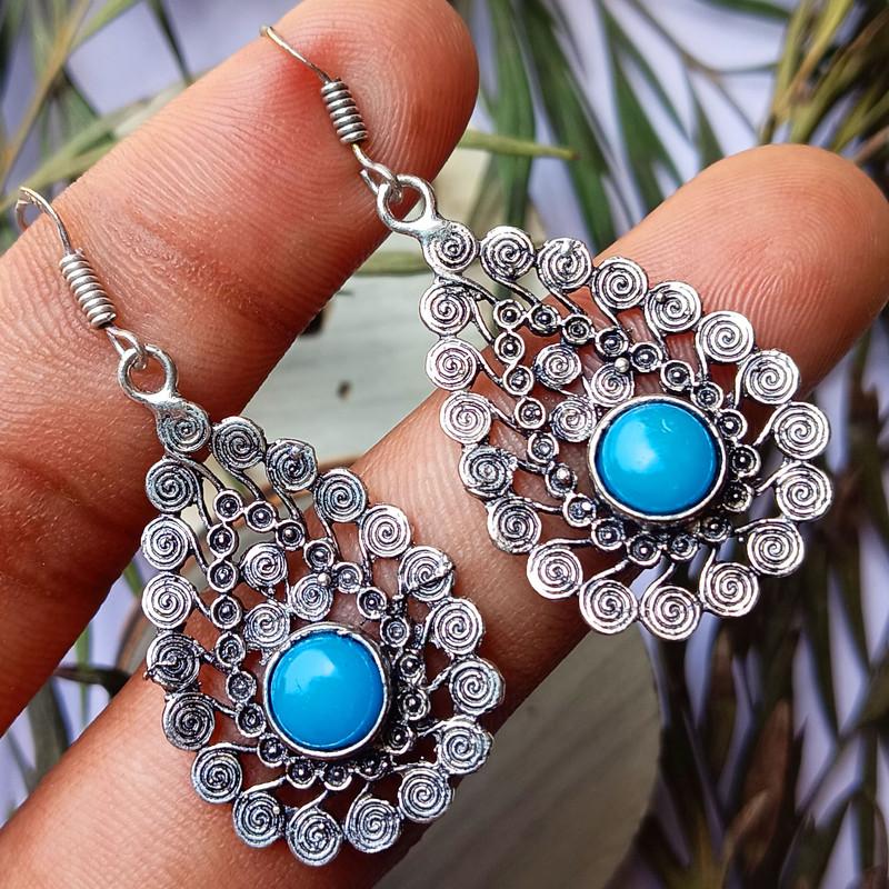 Chalcedony Gemstone 925 Streling Silver Plated Bohemian Earring Jewelry HT-96