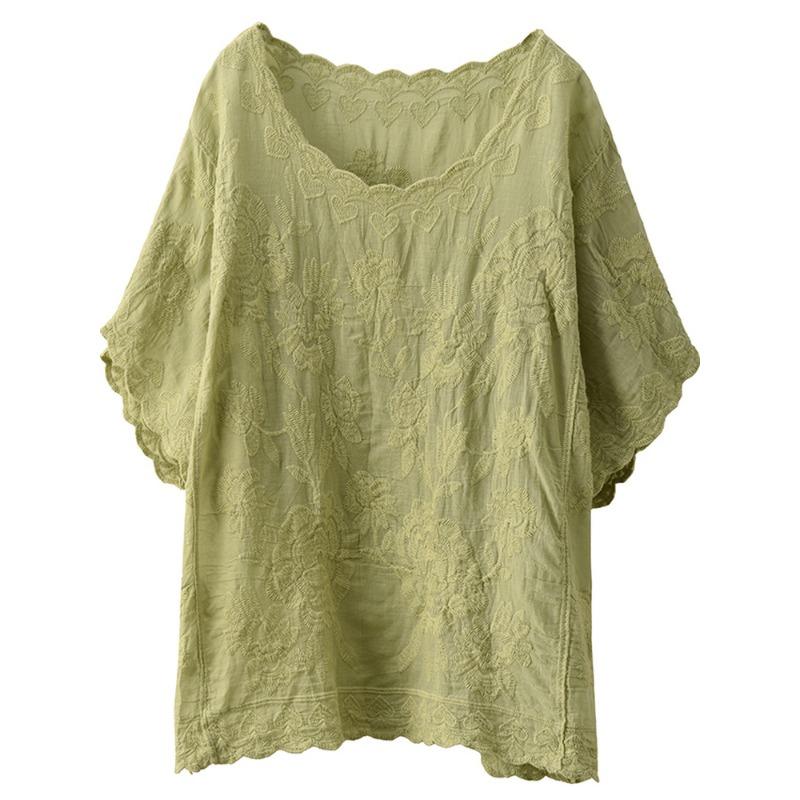 Летняя кружевная футболка с круглым вырезом, женская блузка с коротким рукавом, топы, футболки, повседневная свободная зеленая футболка