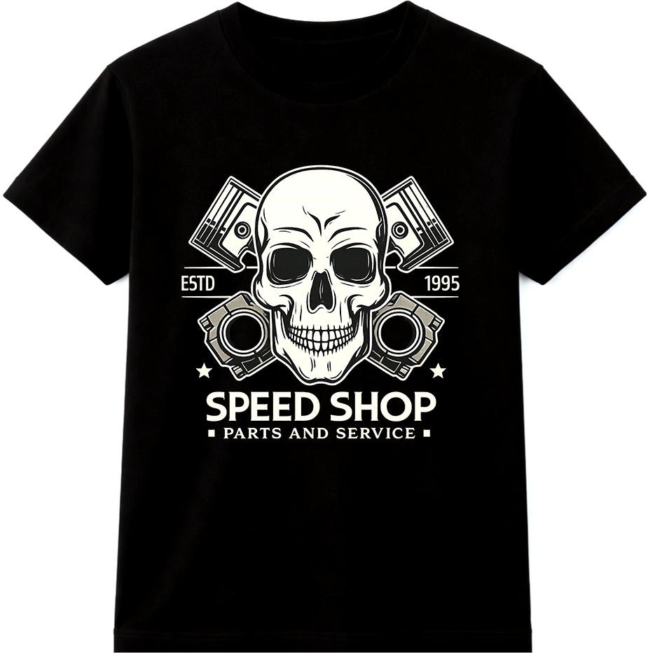 Mechanic T Shirt Speed Shop Skull Pistons Garage Hot Rod Parts Service Tee