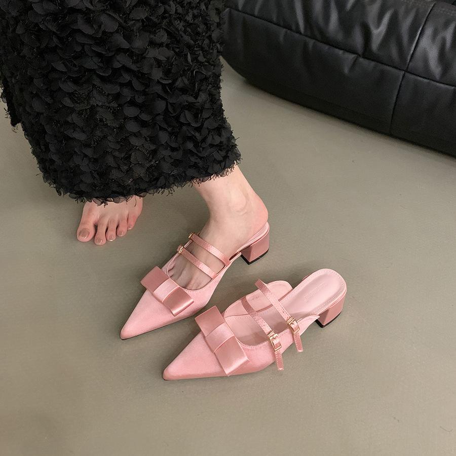 Туфли-полусапожки на грубом каблуке с французским бантом, женская обувь, носить 2025, новые летние остроносые сандалии Мэри Джейн