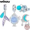 925 Sterling Silver Luminous Charm Enamel Blue Ocean Animals Pendant Moon Dreamcatcher Fit Original Bracelet Summer Gift