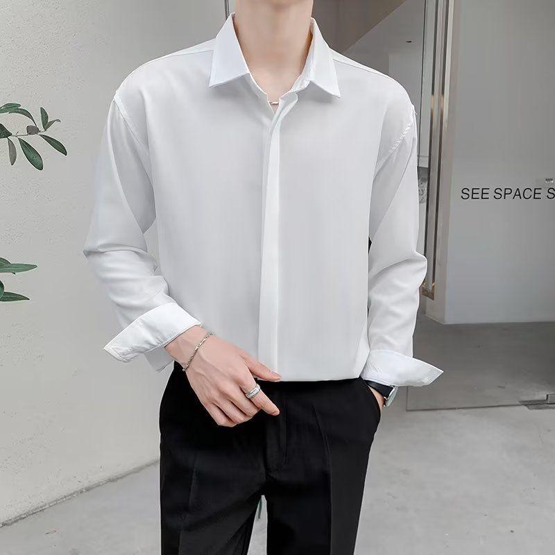 Korean Long Sleeve Shirt Men Fashion Loose Business Casual White Shirt Men's Button Design Top Large Comfortable Shirt