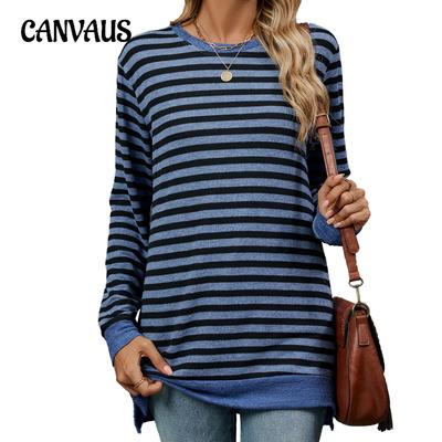 Осенне-зимняя женская блузка больших размеров в полоску с круглым вырезом и длинными рукавами, свободный топ
