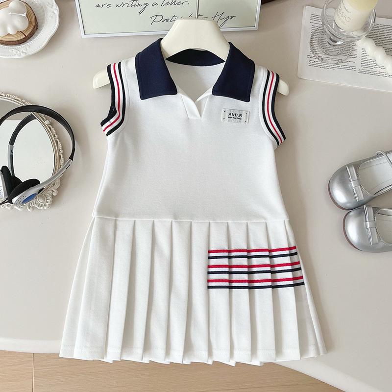 Летнее платье без рукавов для девочек 2025: Воротник ПОЛО, Стиль колледжа, Плиссированная юбка-жилет