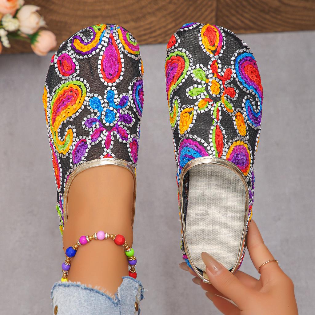 Fashion New Fashion Women Sandals Colorful Floral Pattern Sandals Mesh Round Toe Summer Casual Slippers Flats Lady Vacation Beach Shoes