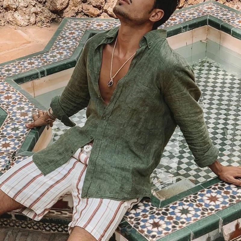 Новая мужская однотонная европейская и американская хлопковая льняная свободная повседневная рубашка с воротником и длинными рукавами, пляжная рубашка в мужском стиле