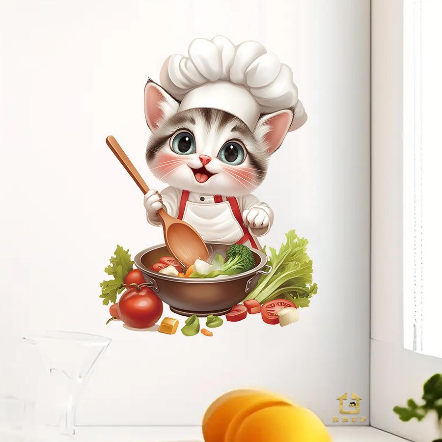 Милые Серебристые Градиентные Коты-Повара Настенные Наклейки для Кухни, Самоклеящийся Декор для Холодильника, Шкафа, Плиты