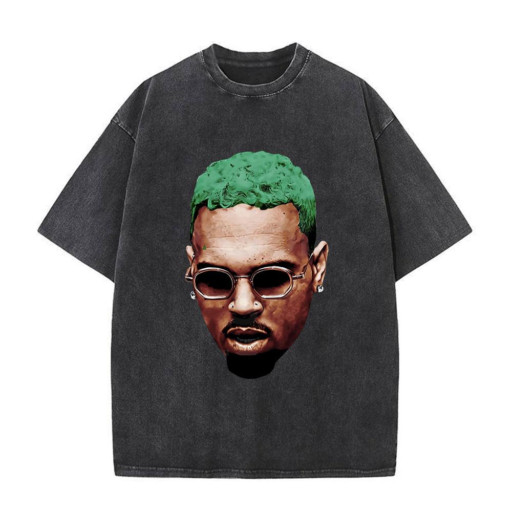 Рэпер Крис Браун Breezy Графические футболки с большим лицом Винтажные стираные Мужские Женские Харадзюку Круглый вырез Хлопок Повседневные Футболки с коротким рукавом