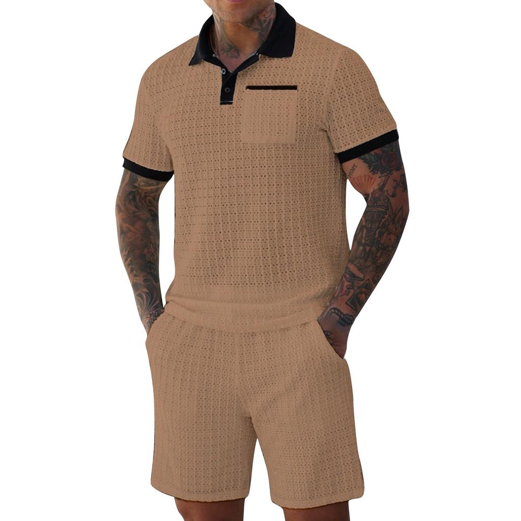 Мужской летний однотонный комплект рубашки с воротником на пуговицах и шорт с полой текстурой