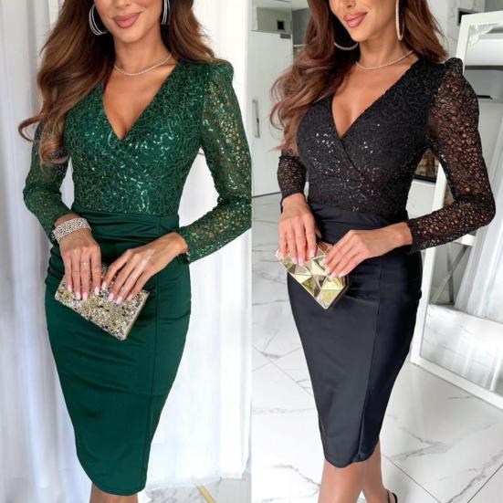 Женское торжественное платье с V-образным вырезом, кружевом и пайетками, облегающее платье-футляр миди, деловое платье для офиса, длинные рукава, осенне-весеннее платье
