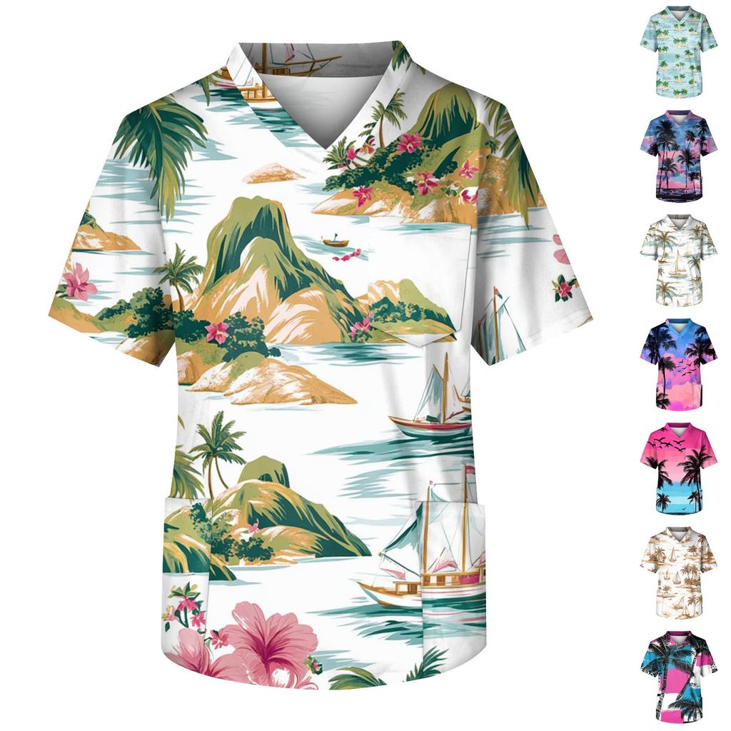 Men's Short Sleeve V-Neck Print Chest Pocket Care Top