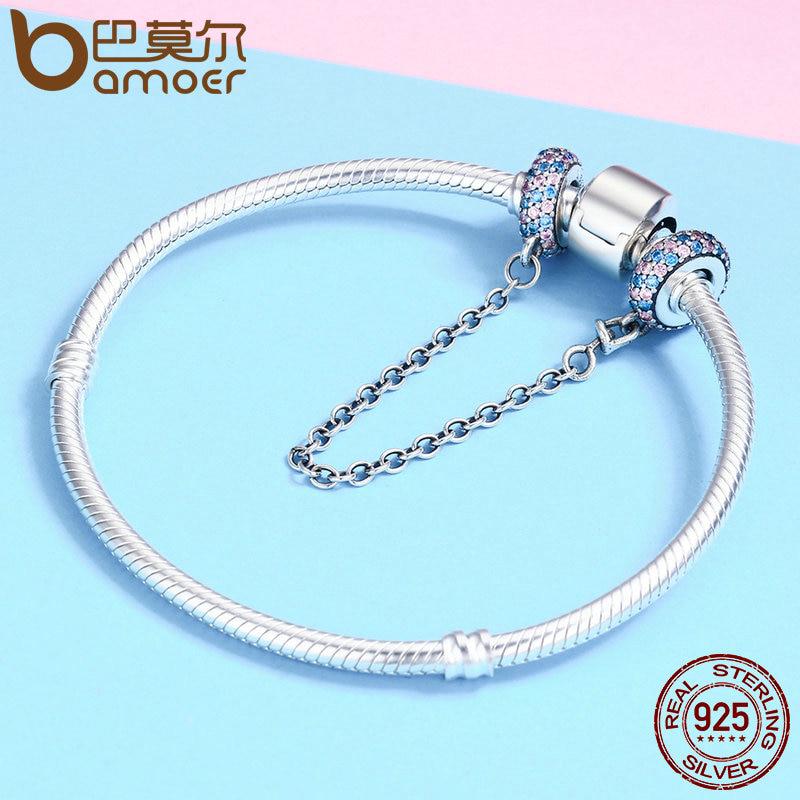 BAMOER Настоящее 100% Стерлинговое Серебро 925 пробы Розовый и Синий CZ Круглая Защитная Цепочка Подвеска Подходит Браслет