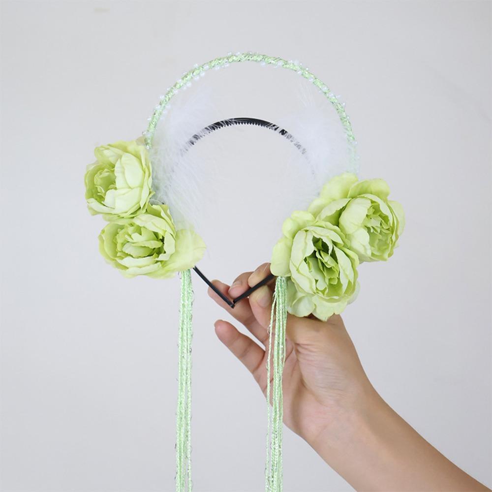 Ободок для волос с кисточками из бусин и перьев, аксессуары для волос для ханьфу, милая повязка на голову с цветами, для девочек