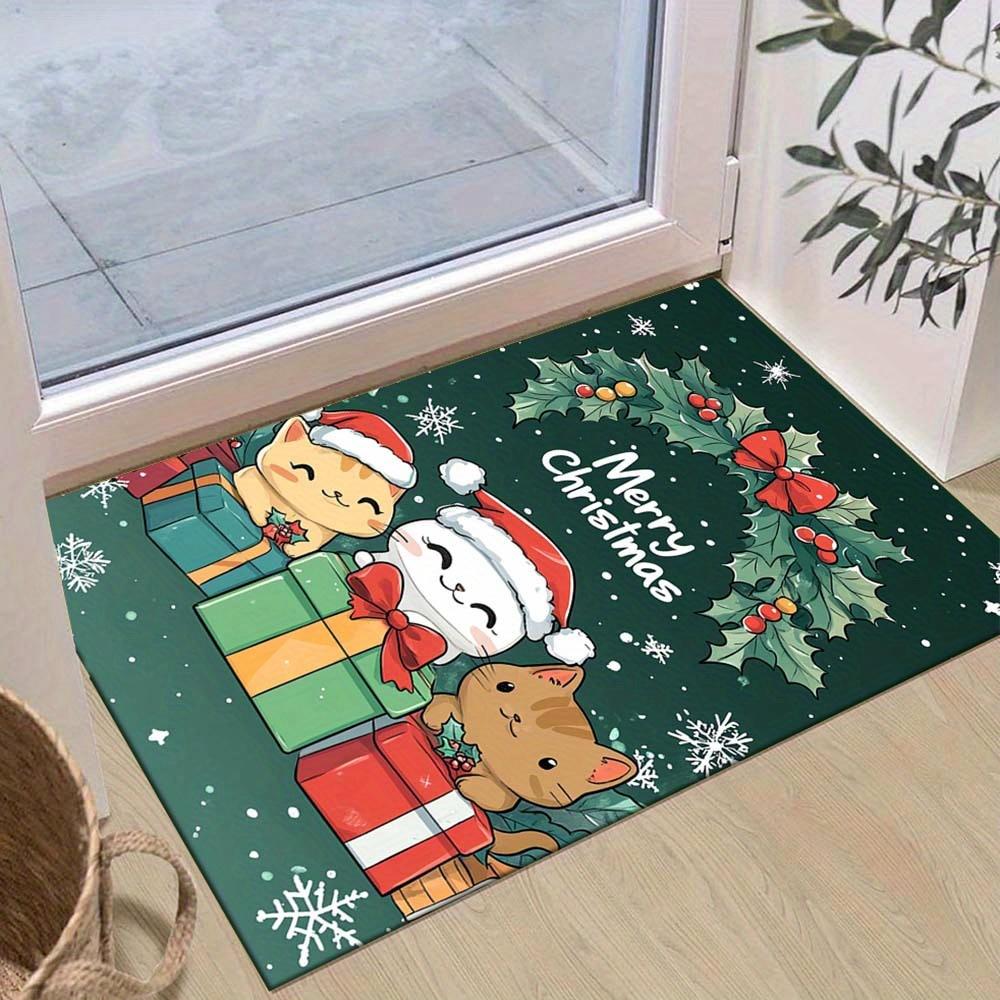 1pc Christmas Themed Rug, Three Happy Kittens and Christmas Gifts Print, Bedside Carpet, Non slip Laundry Room Mat, Machine Washable Water A