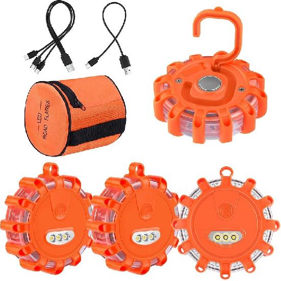 VANCLE USB-C Rechargeable LED Road Flares Roadside Emergency Light, Safety Warning Flashing Flare Beacon Disc Strobe Traffic With Magnetic Base For