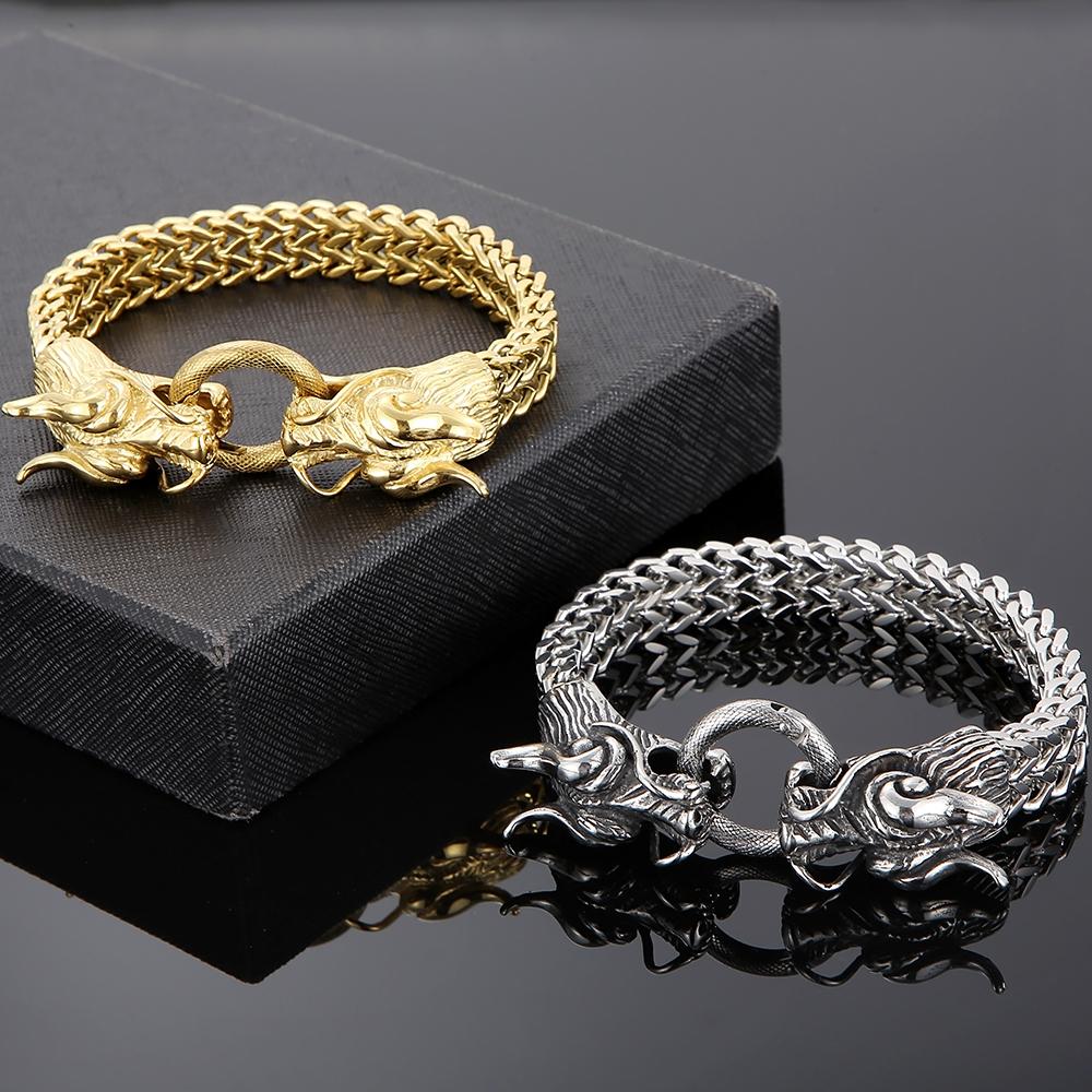 Gothic Double Chinese Long Dragon Heads Design Men's Bracelet 11MM Width Stainless Steel Square Franco Link Chain Male Jewelry
