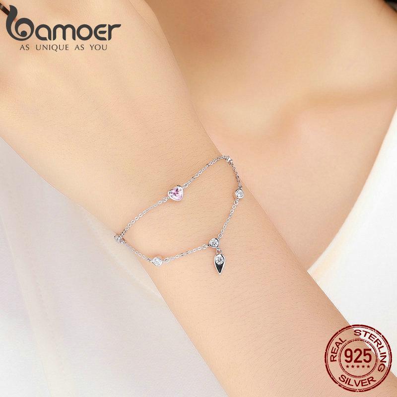 BAMOER Romantic New 925 Sterling Silver Sweet Heart Pink CZ Double Layers Bracelets
