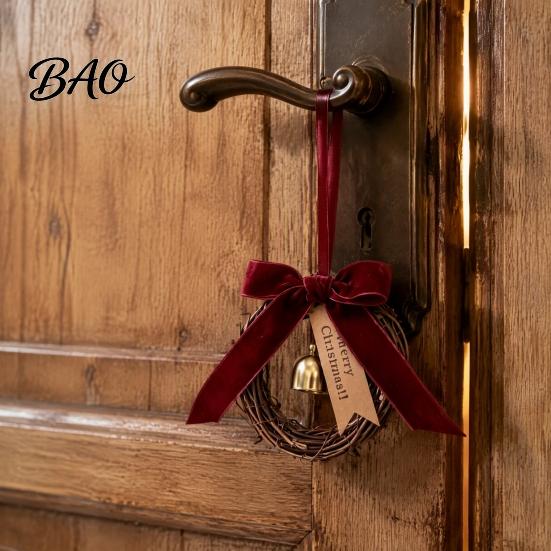 Winter Holiday Hanging Items Christmas Bell Rattan Wreath Ornament, Rustic Door Handle Wind Gift Tags For Presents Chime Decor with Ribbon Bow,