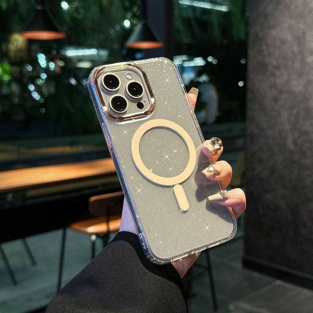 Apple iPhone 16 Pro Золотой Глиттер Звездное Небо Магнитный Чехол для Зарядки - Ударопрочный Защитный Дизайн
