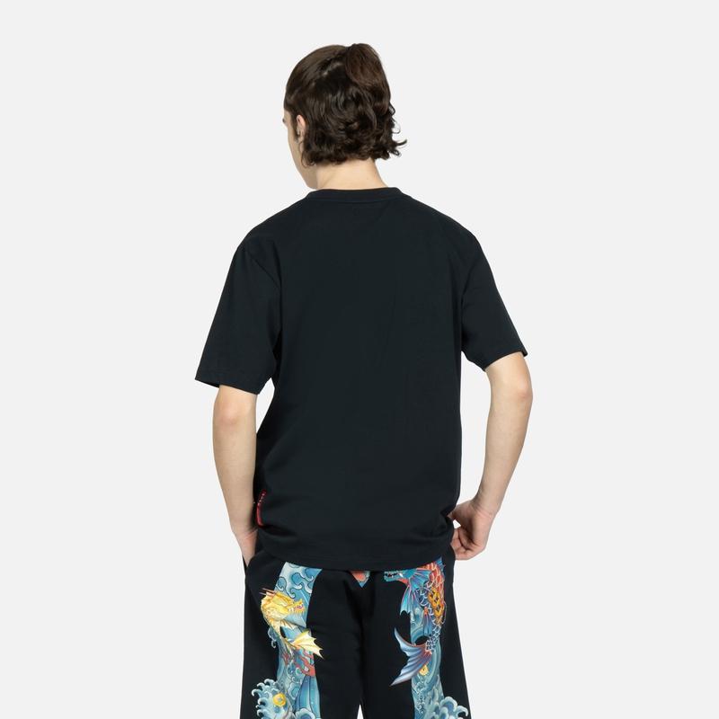 Evisu Однотонная передняя часть Джинсовый карман Вышивка чайки Короткий рукав Футболка Мужские Топы Черный 2ESHTM3TS572XXCT