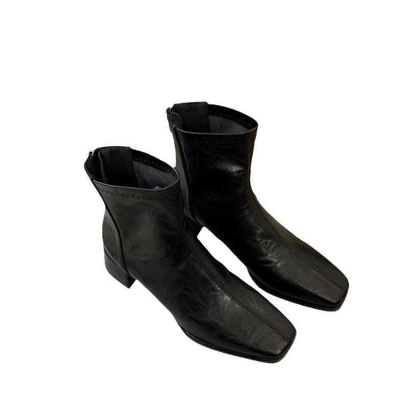 2025 Autumn and Winter New Retro Medium Boots Thick Heel Elastic Single Boots Square Head Thin Boots Women's Short Boots Genuine Leather Boots Women