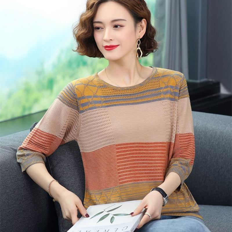 Striped Sweater Knitted Pullover Thin Round Neck Long Sleeves Women's Top Casual Undershirt Commute Spring Autumn