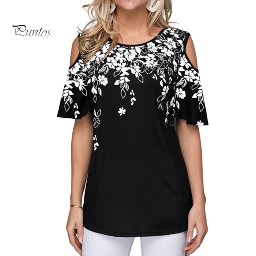 Женская сексуальная футболка с коротким рукавом с круглым вырезом и цветочным принтом, свободная футболка с открытыми плечами