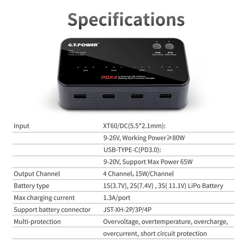 G.T POWER PDX4 Lithium Battery Charger for 1S-3S RC Cars & FPV Drones