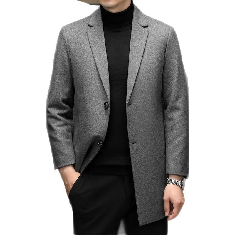 Осенне-зимнее мужское шерстяное пальто в стиле business casual, однотонное, средней и большой длины, с воротником-стойкой, двустороннее